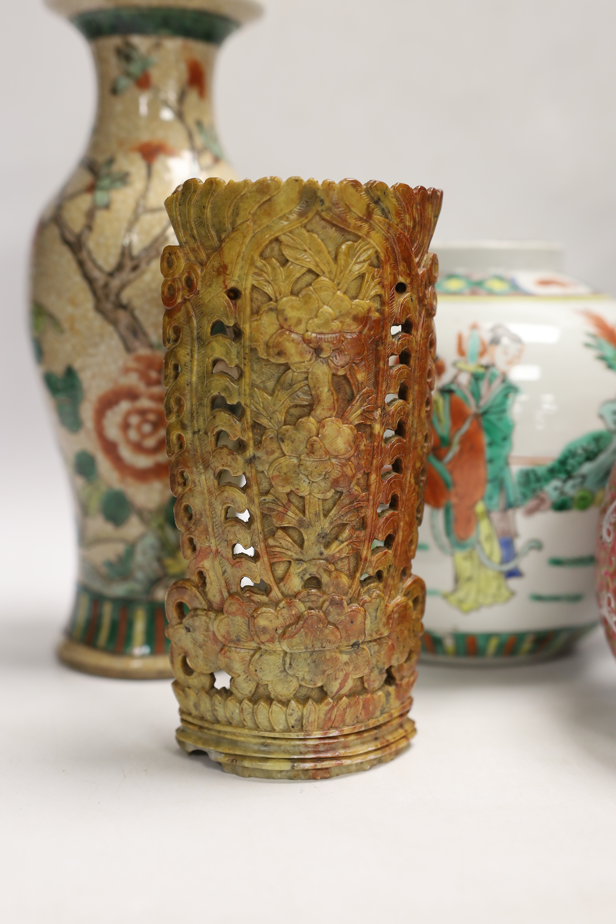 A Chinese famille verte crackle glaze vase, a jar, a cloisonné enamel dragon vase, another enamelled jar and cover and a soapstone vase, largest 25cm high